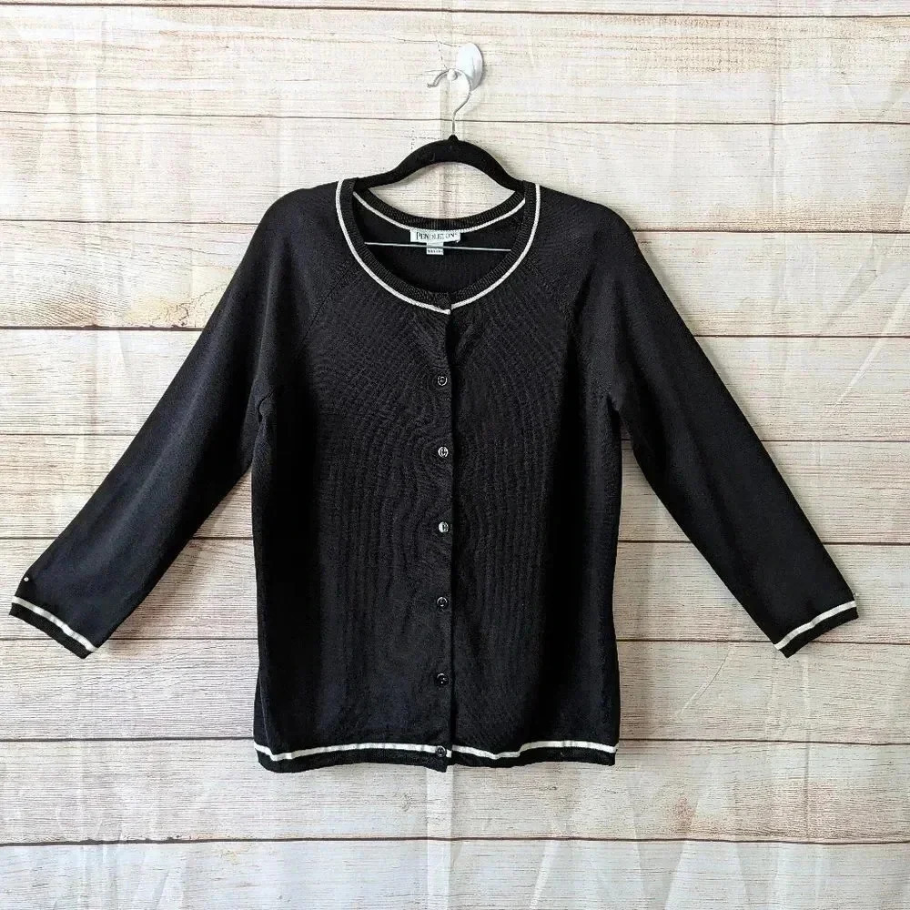 Pendleton Size M Classic Silk Nylon Cardigan Black White Stripe Stretchy Sweater